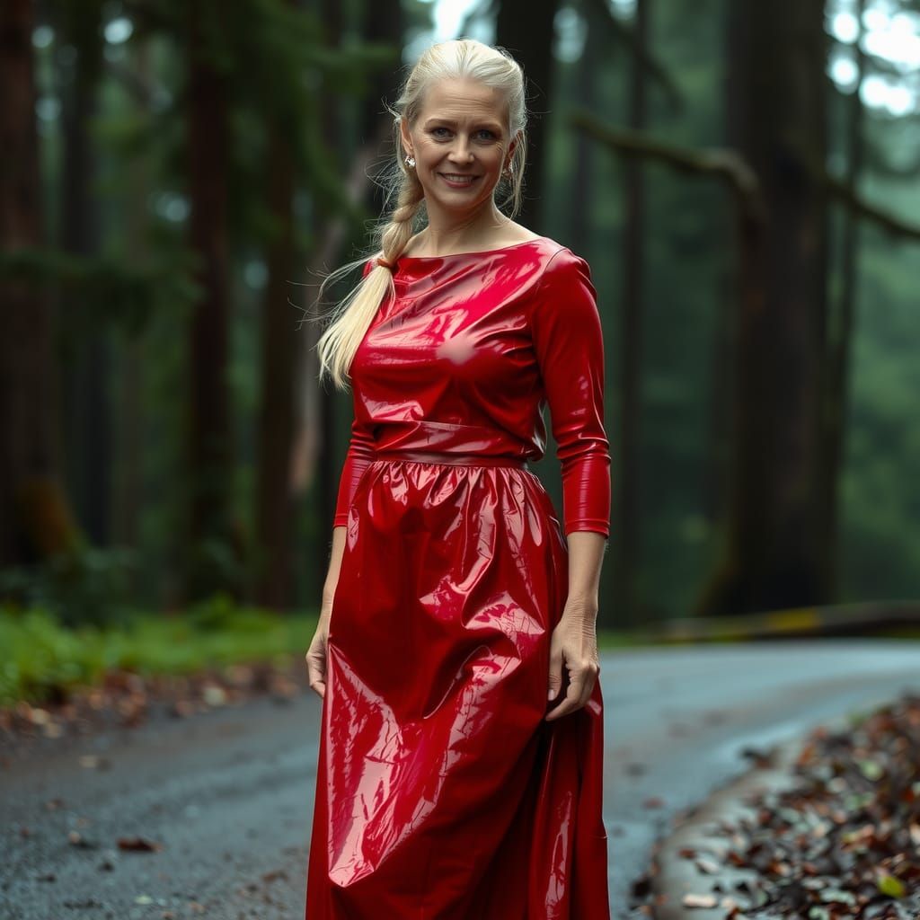 Blonde Woman in Red Vinyl Dress in Rainy Forest