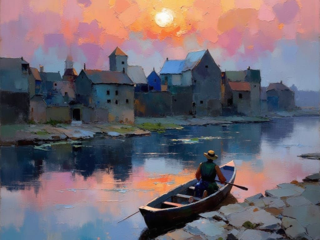 Fisherman Sets Sail in Dawn Light Over Medieval Island Port