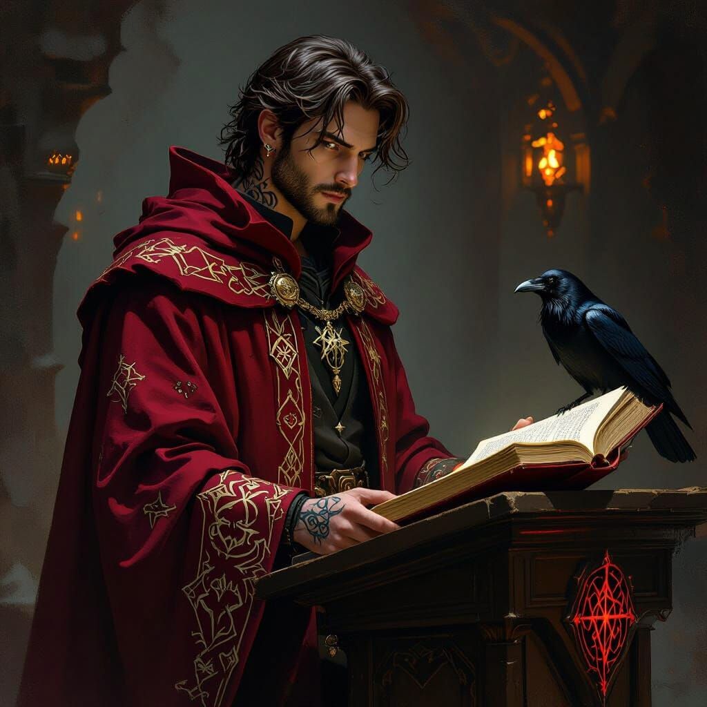 Dark Fantasy Sorcerer with Arcane Tattoos and Raven