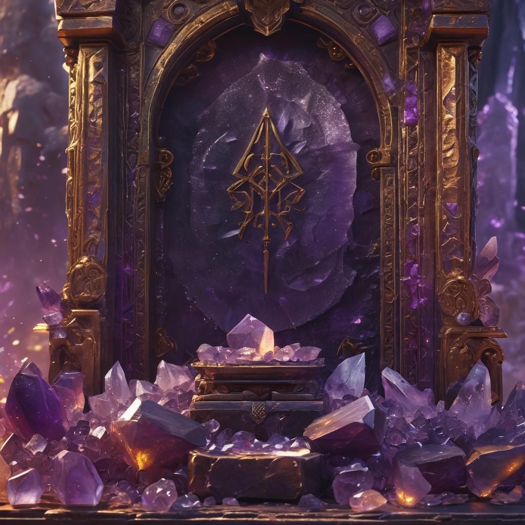Amethyst Crystals on Ancient Altar in Fantasy Art