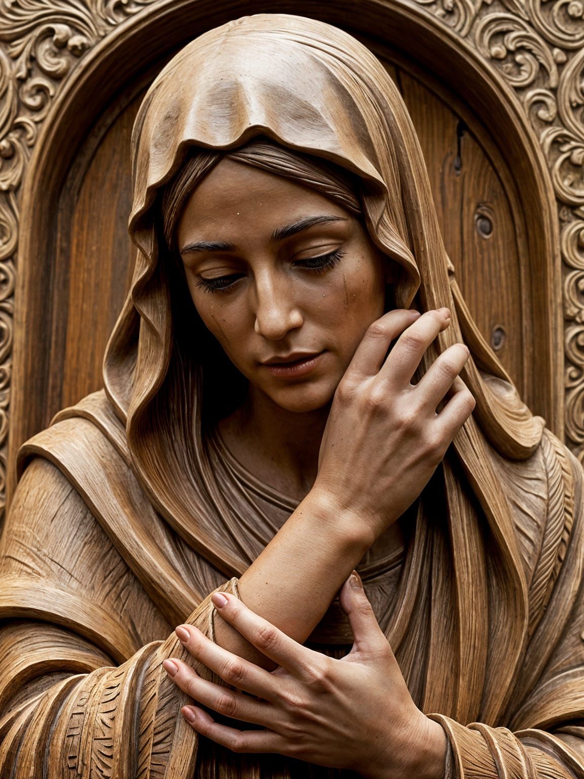 Veronica and Jesus: Meticulously Carved Wood Sculpture