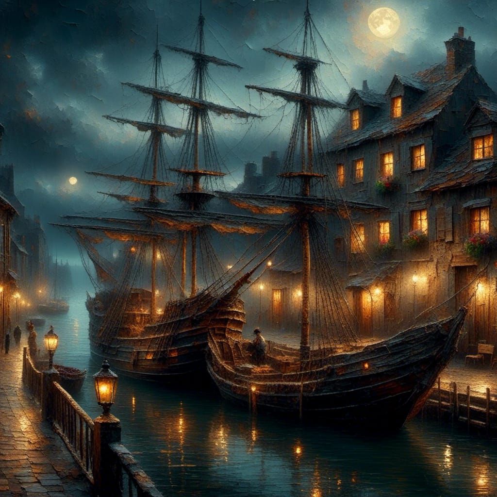Vintage Port Town at Night with Sailing Ship