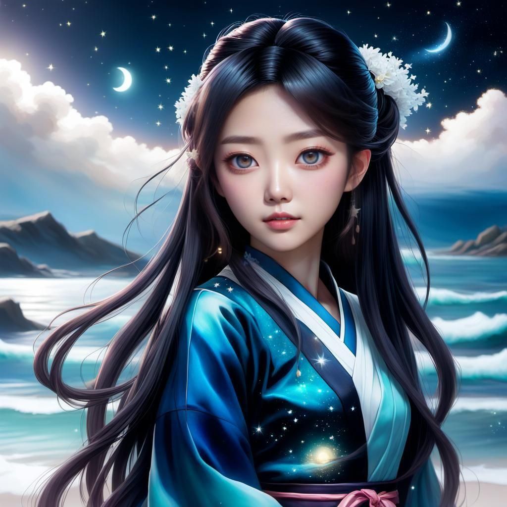 Korean Girl Under Galaxy Moon, Fantasy Art