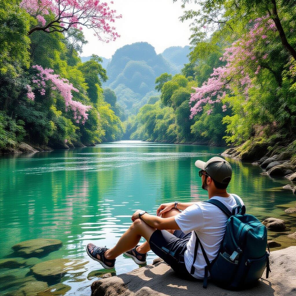 South Korean Man Relaxing by Thai River Amidst Blooming Jung...