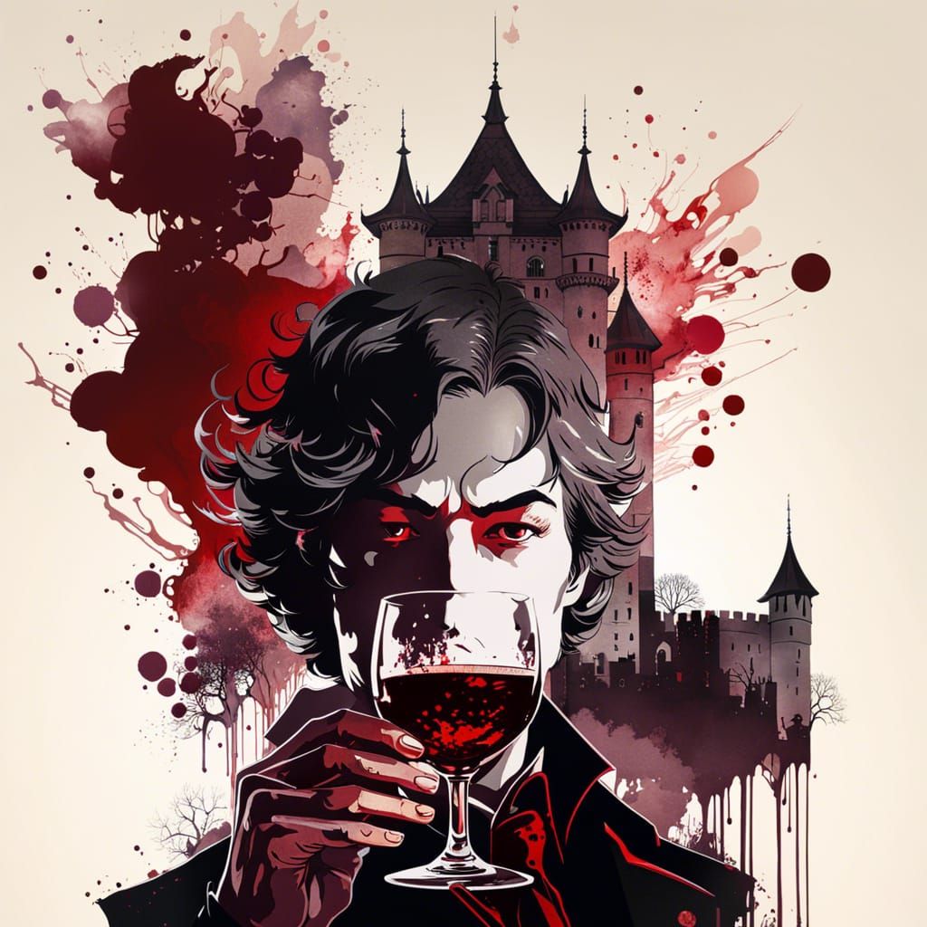 Vampire Portrait with Wine in Double Exposure Style