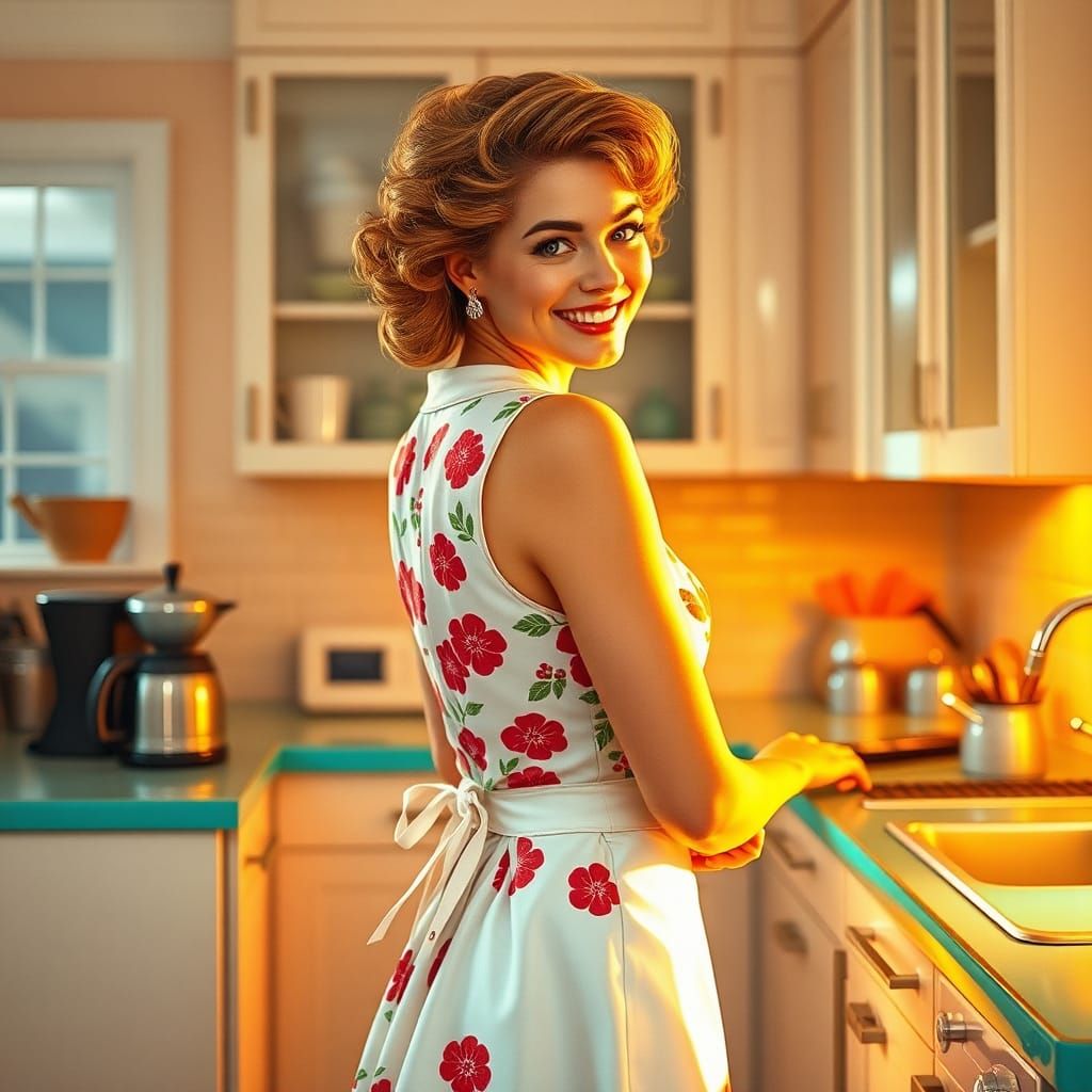 Radiant 1960s Housewife in Mid-Century Kitchen