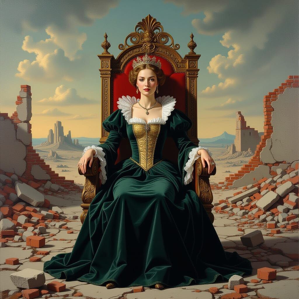 Regal Woman on Ancient Throne Amidst Rubble, Gouache Paintin...