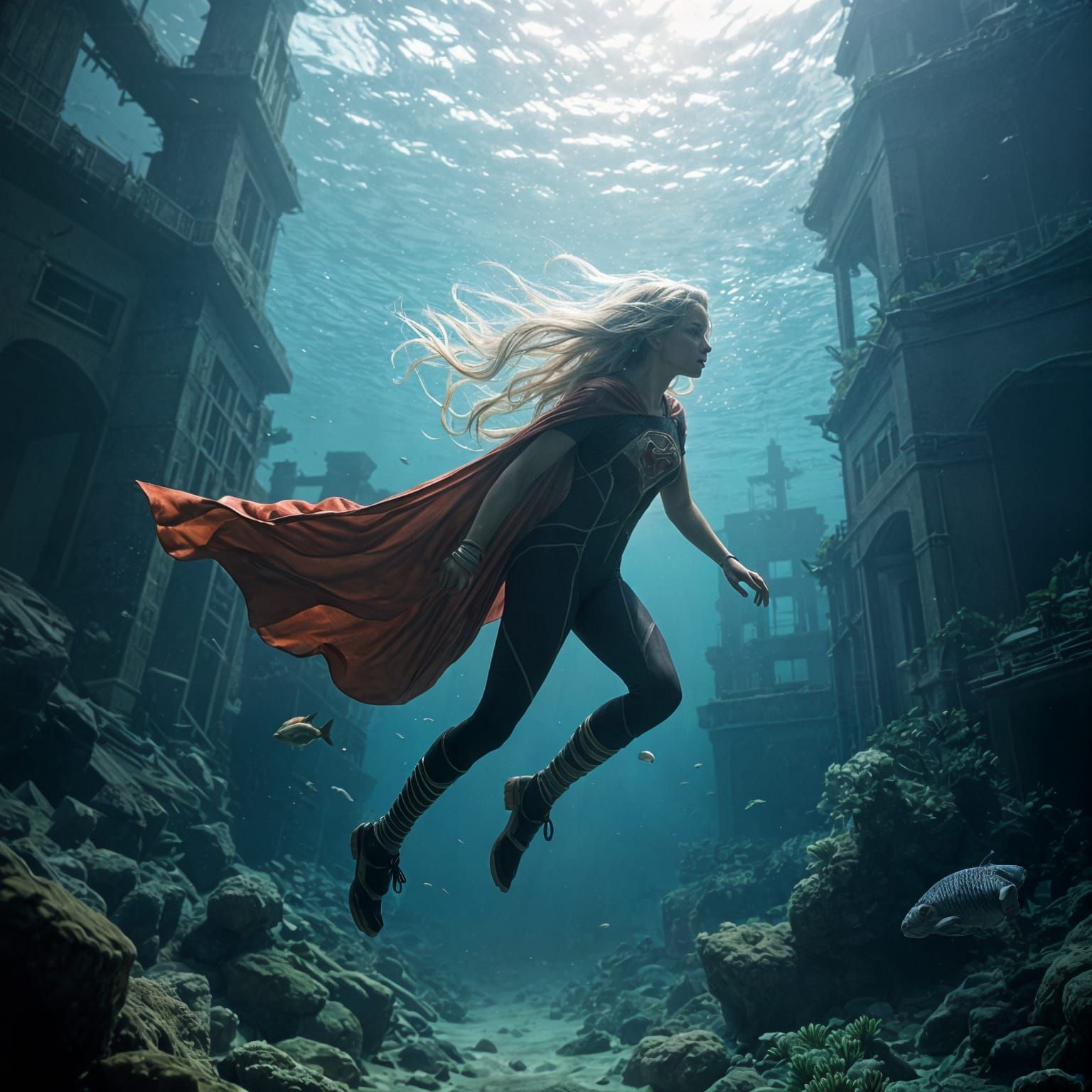 Underwater Supergirl Exploring Sunken City in Macro Photogra...