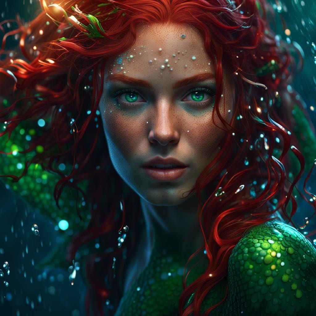 Naiad Portrait with Flowing Red Hair, Digital Art