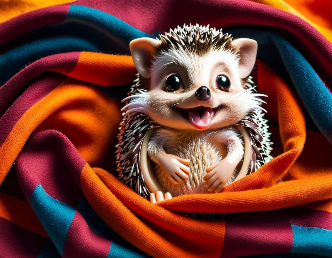 Laughing Hedgehog Surrounded by Blankets