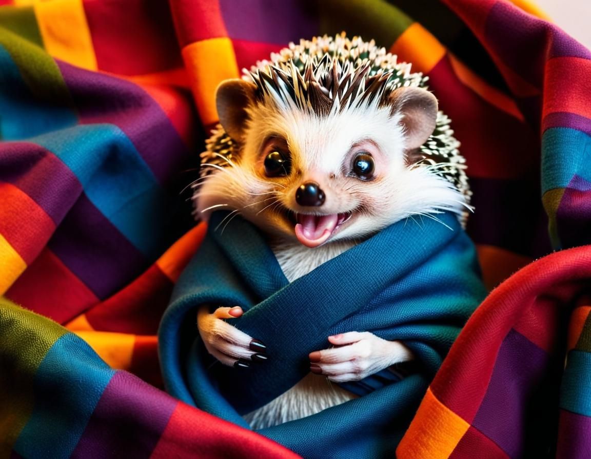 Laughing Hedgehog Surrounded by Blankets