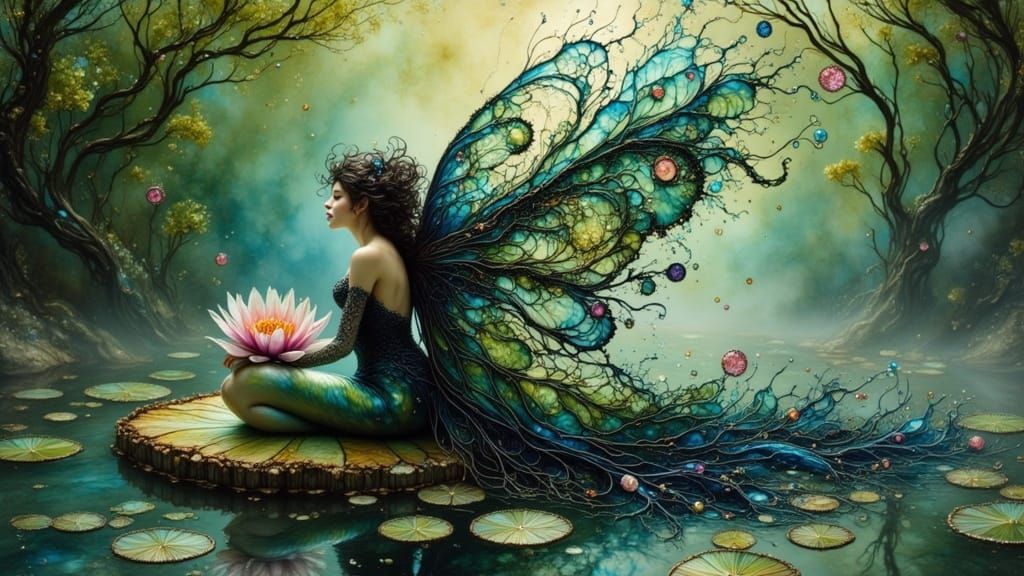 Dark Fairy on Waterlily in Ethereal Style