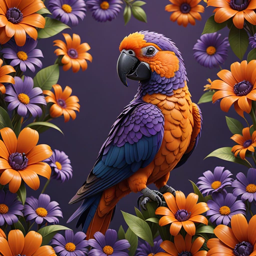 Vibrant Fantasy Parrot in a Dreamy Orange Garden