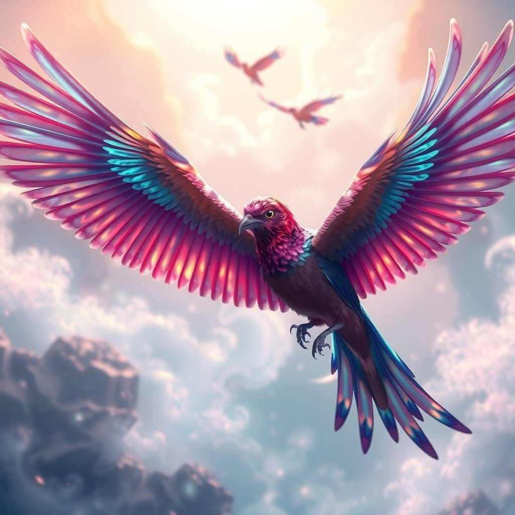 Iridescent Birds in Dreamlike Landscape