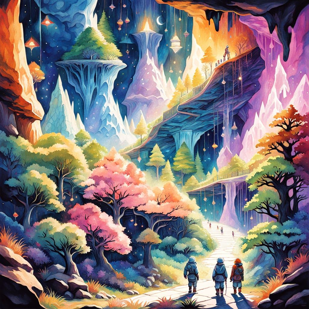 Gnome Village in Plato's Cave, Gouache Painting