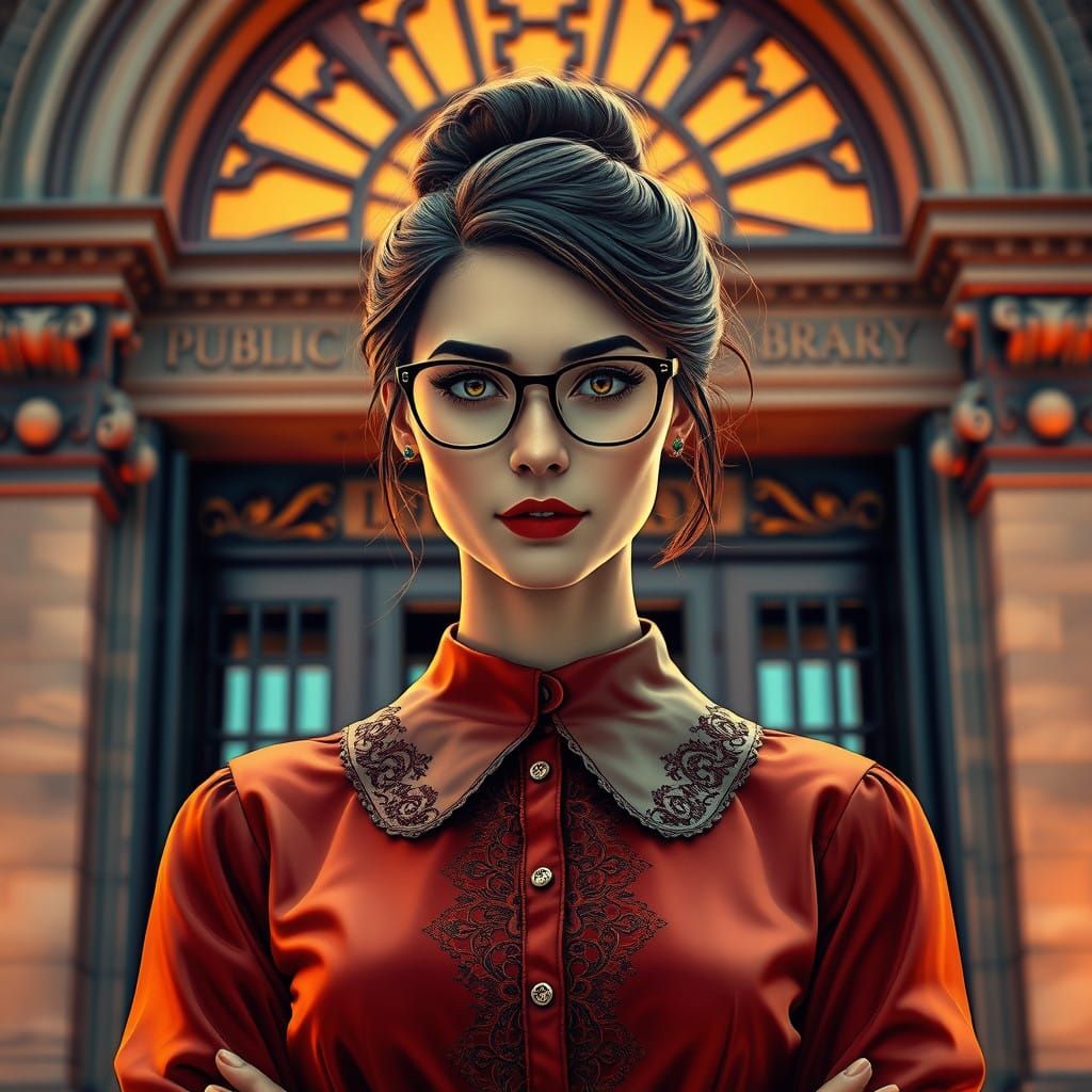 Confident Librarian Embracing Grand Public Library