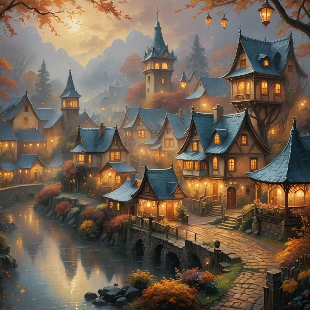Mystical Village in Autumn Rain, Kinkade Style