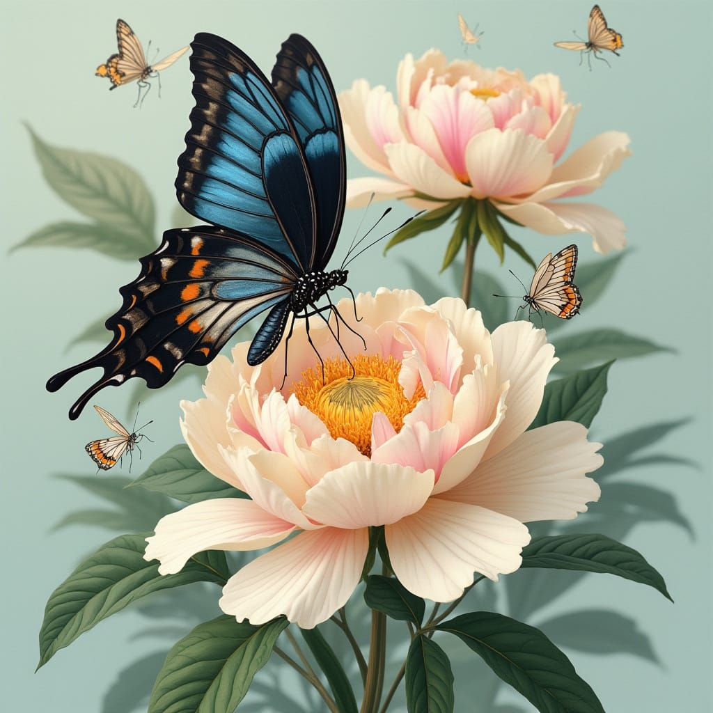 Realistic Butterfly on Vintage Peonies in Botanical Illustra...