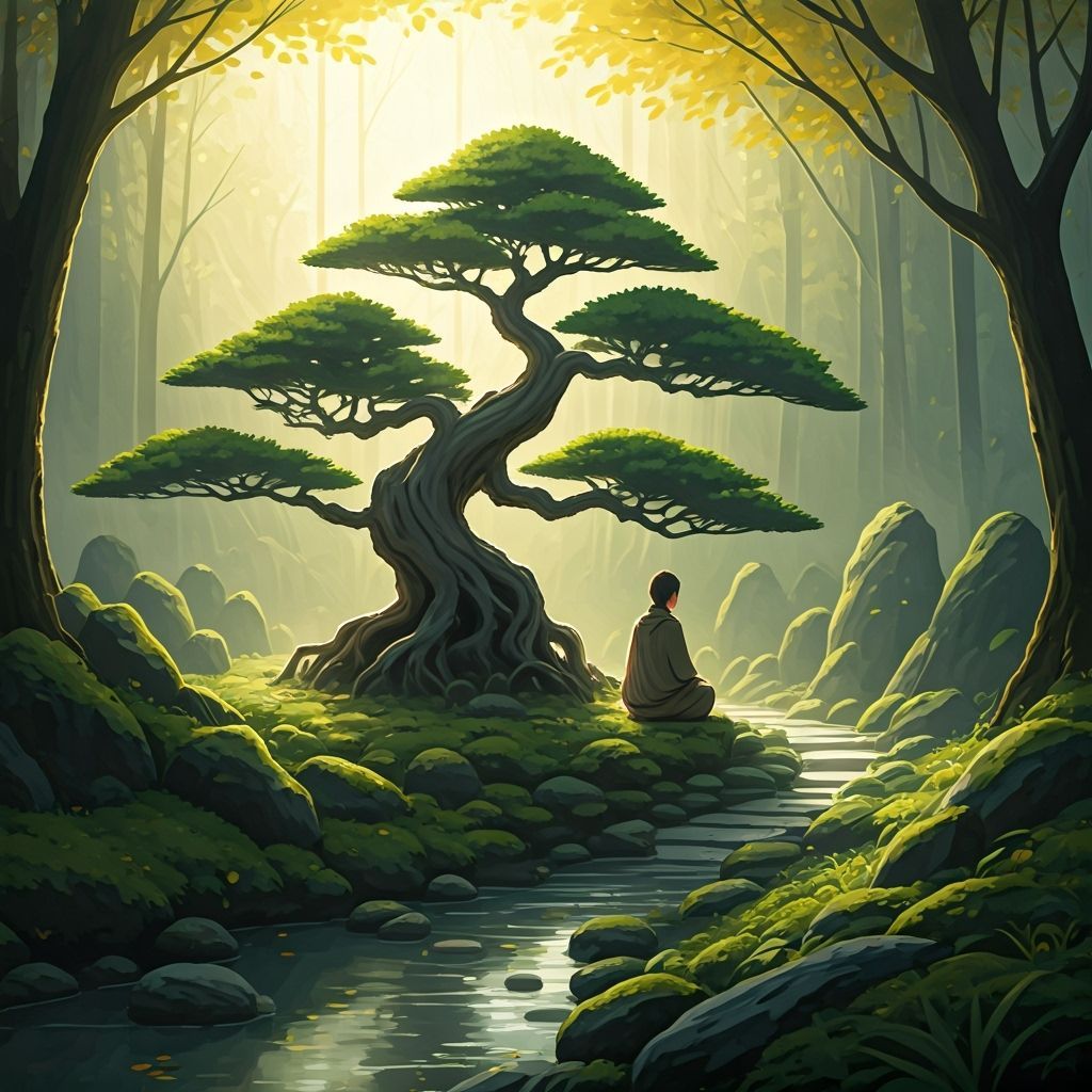 Serene Japanese Garden at Dawn with Bonsai