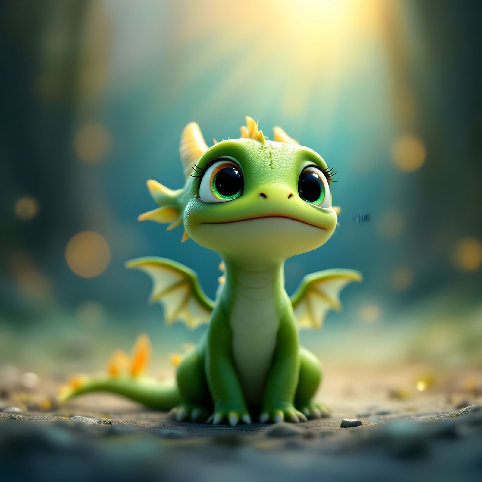 Adorable Green Dragon with Big Eyes: Pixar Style