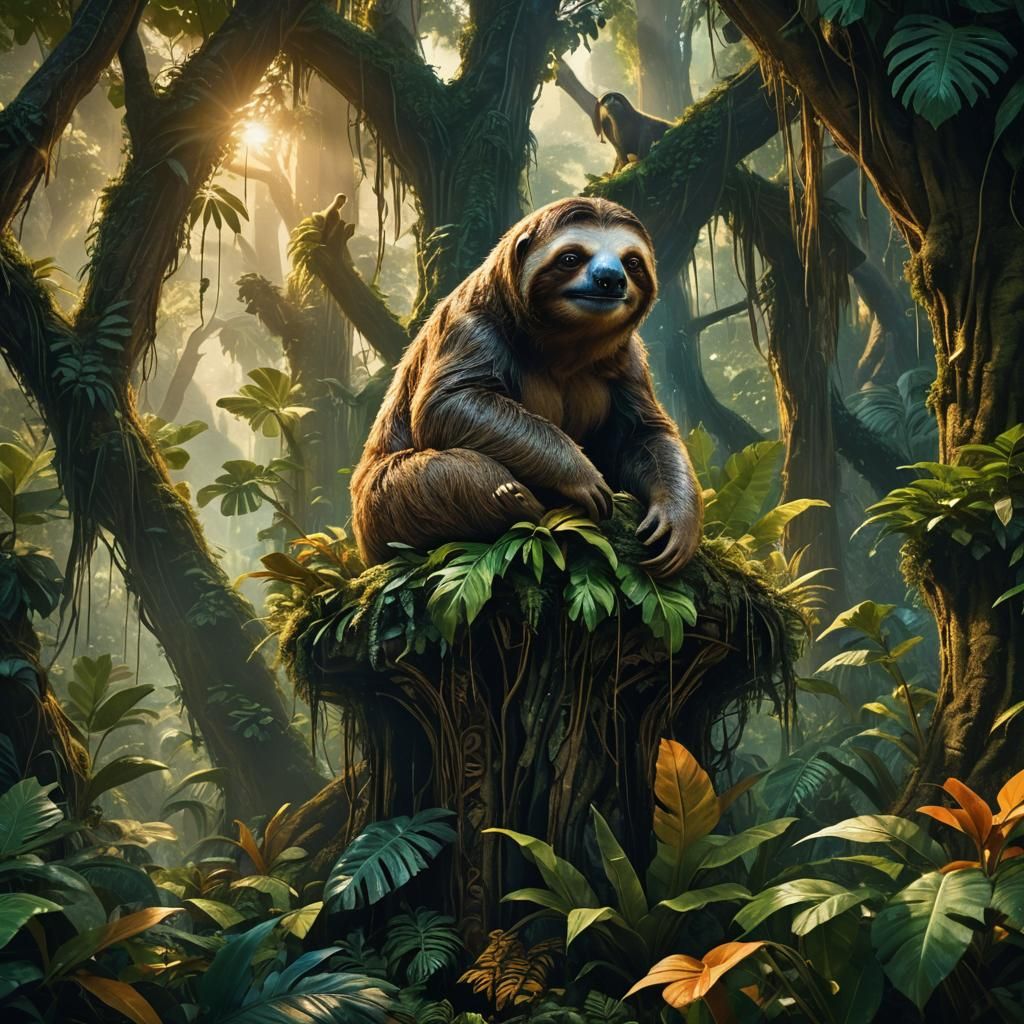 Sloth on Jungle Throne: Fantasy Matte Painting
