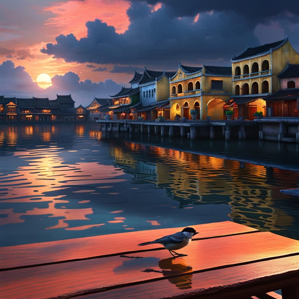 Chickadee at Sunset: Hoi An, Photorealistic Image