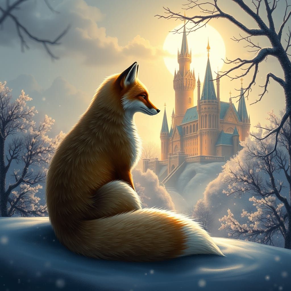 Fantasy Castle Scene with Nine-Tailed Fox in Soft Winter Lig...
