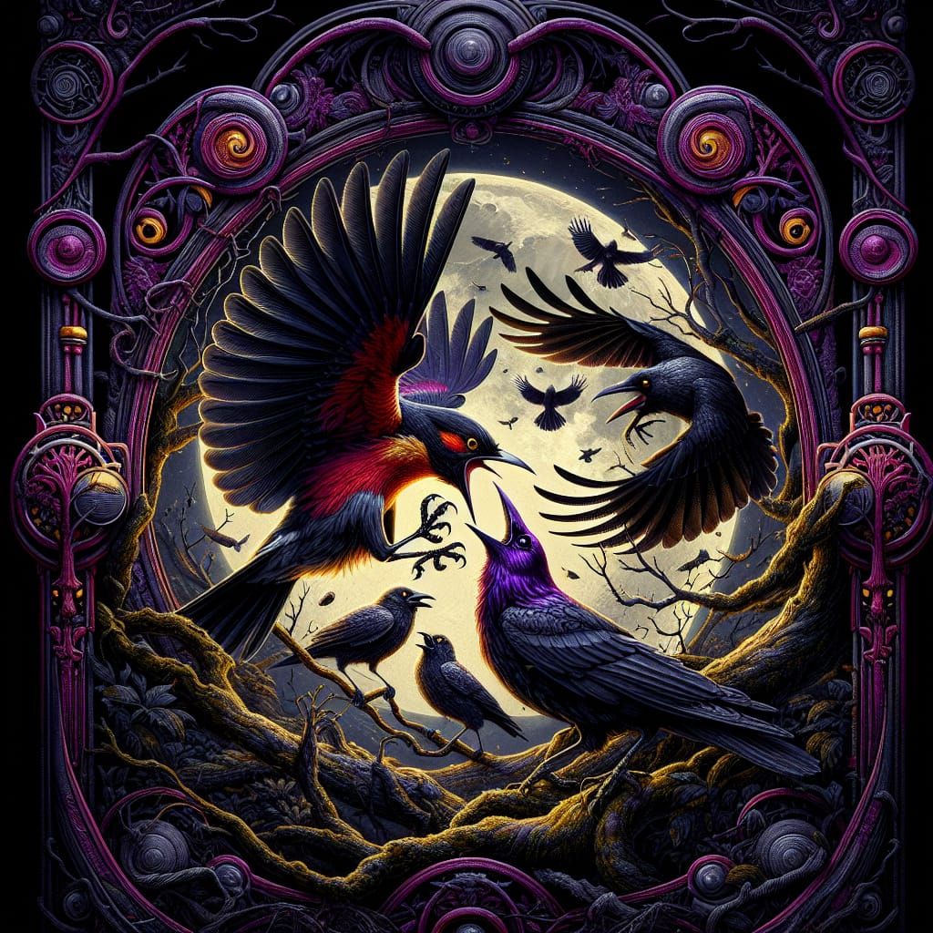 A mighty red-breasted nut hatch fighting a murder of crows