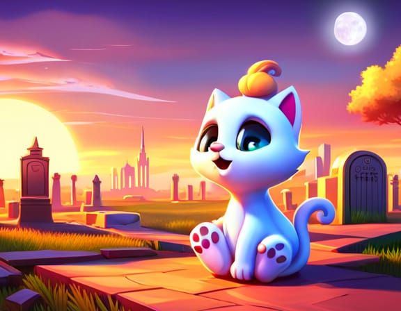Cute Ghost Kitten in Cemetery: Pixar Style