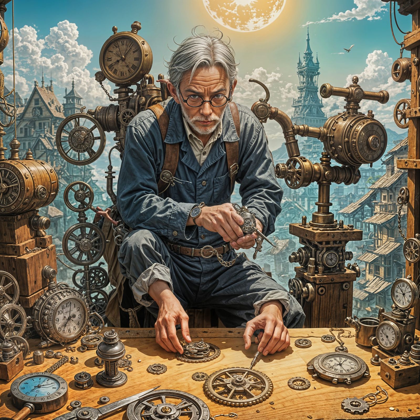 Miniature Artisan Tinkering with Giant Pocket Watch