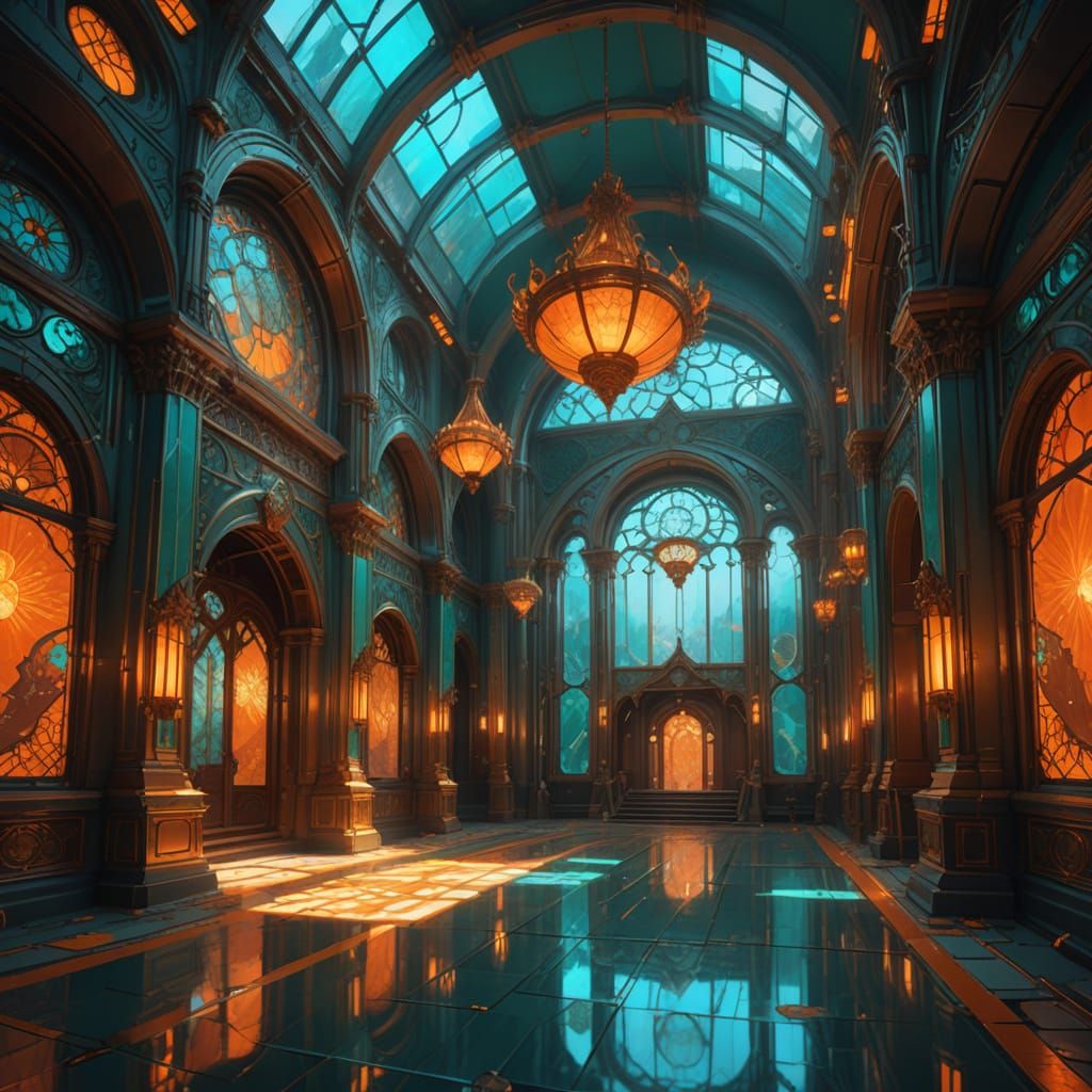 Ethereal Chamber with Symbolic Forms in Dynamic Lighting