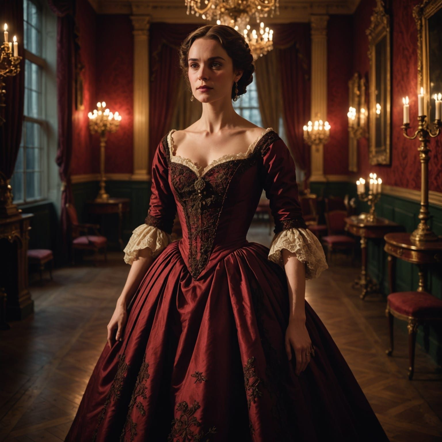 Elegant Woman in Red Gown in Candlelit Ballroom