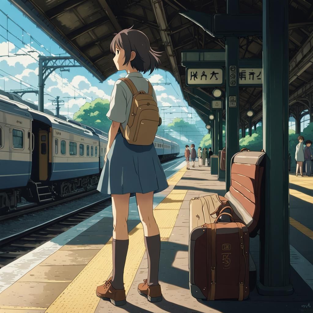 Anime Train Station Scene in Ghibli Style