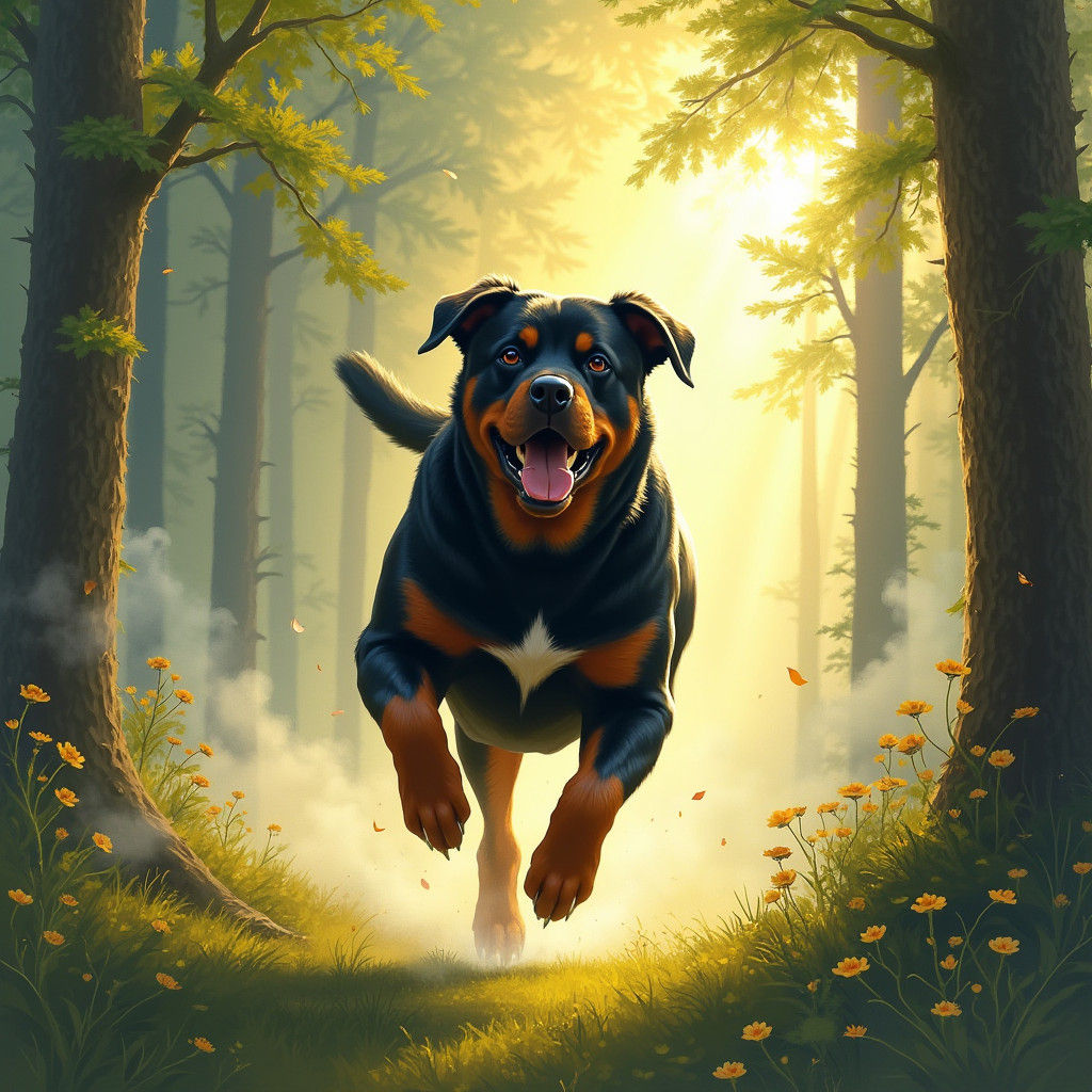 Rottweiler Running Through Forest in Dreamy Soft Focus