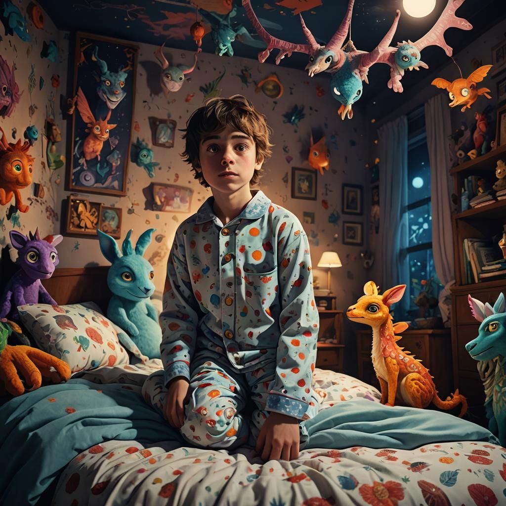 Whimsical Creatures Surround Boy in Surreal Bedroom