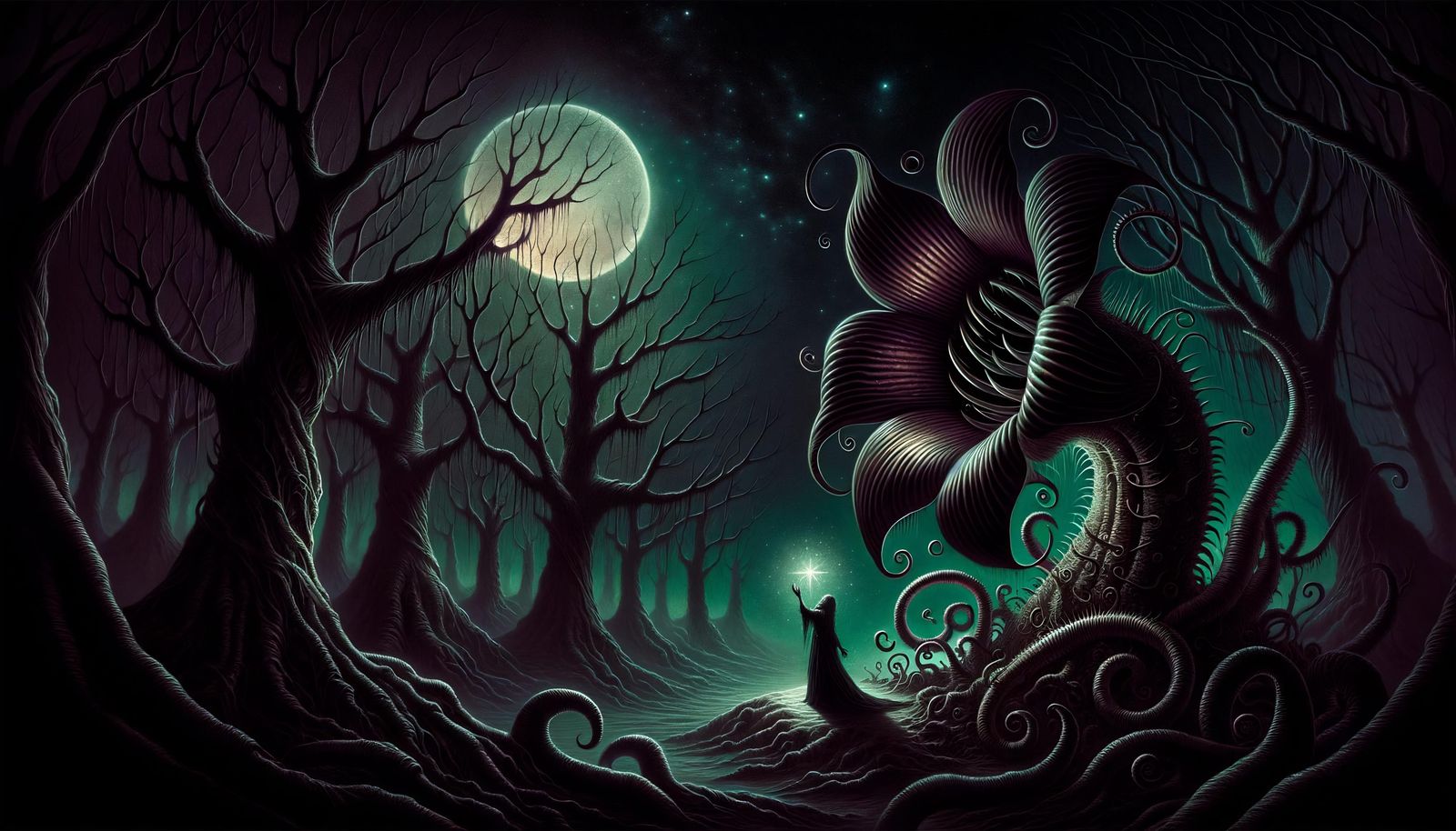 Eerie Night: Carnivorous Flower and Mystical Figure