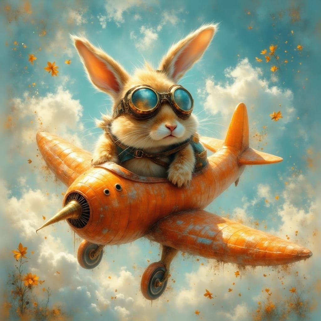 Little Bunny Pilot Soars in Whimsical Fantasy Scene