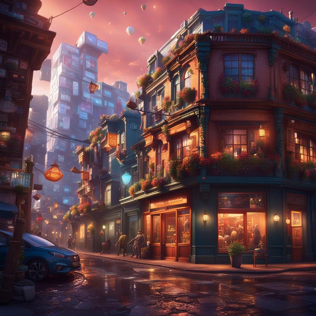 Vibrant Mixed-Use Street in Detailed Matte Painting Style