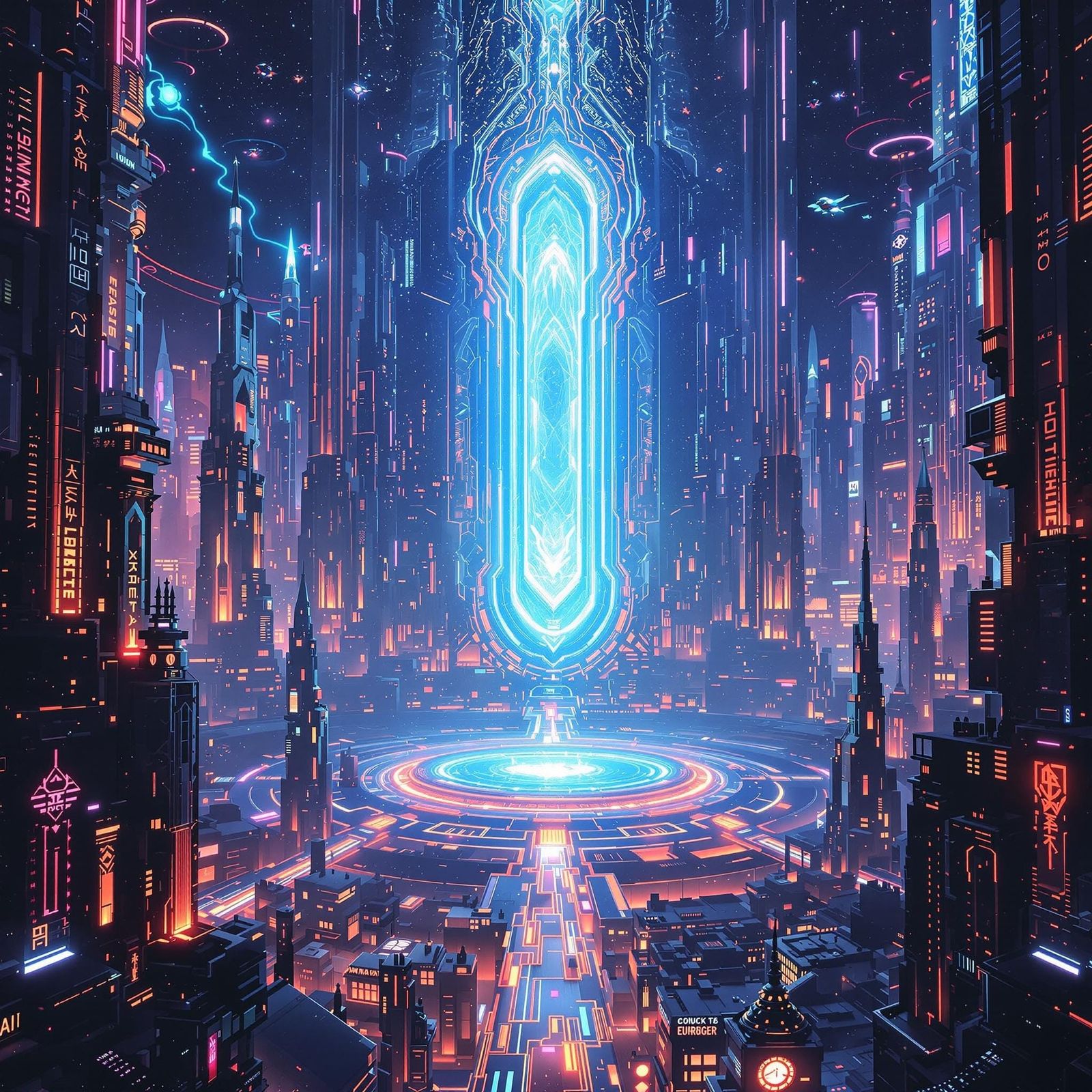 Cosmic Metropolis in Vibrant Neon Hues