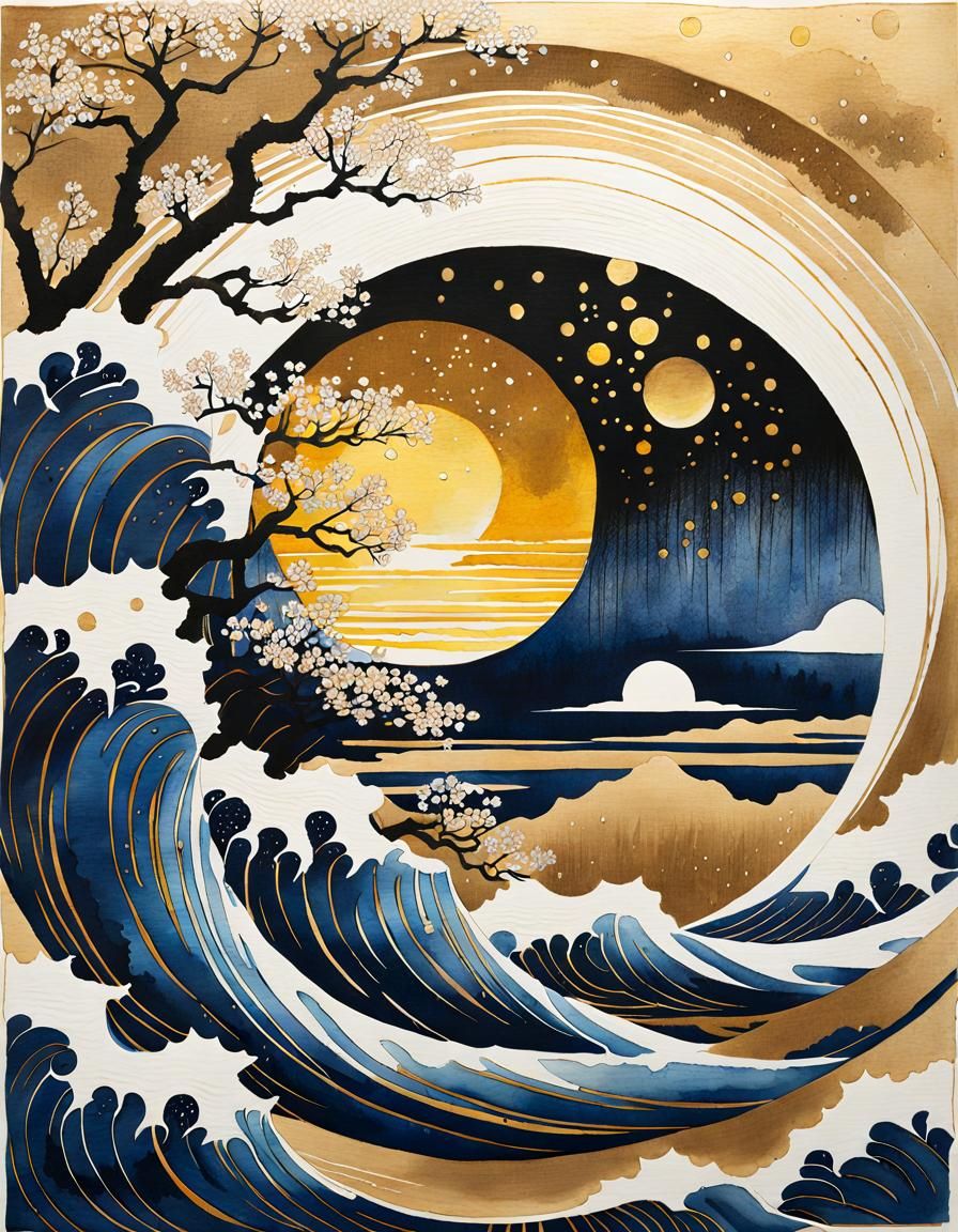 Ukiyo-e Woodblock Print with Sun and Kintsugi