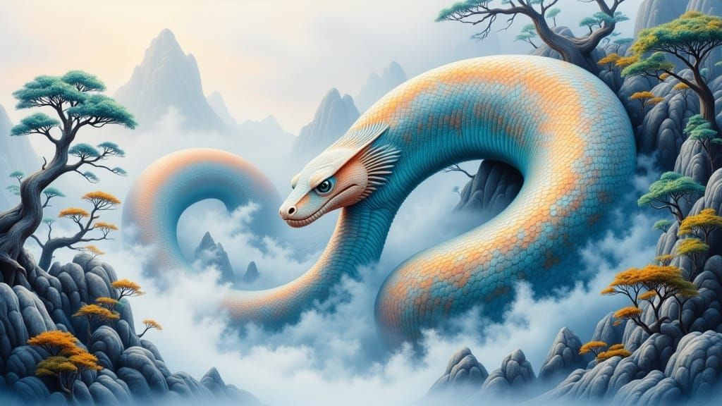 Ethereal Serpent Wraps Japanese Landscape in Dreamy, Iridesc...