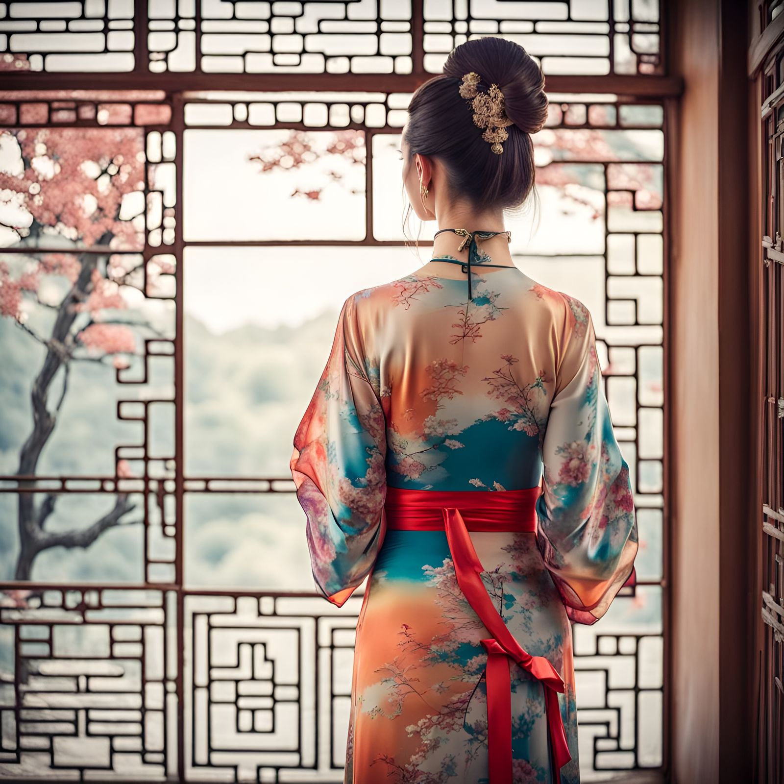 Chinese Woman in Flowing Dress Gazing Out Window