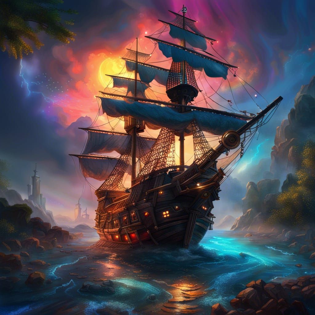 Atmospheric Pirate Ship Dreamscape in Vibrant Oil Painting