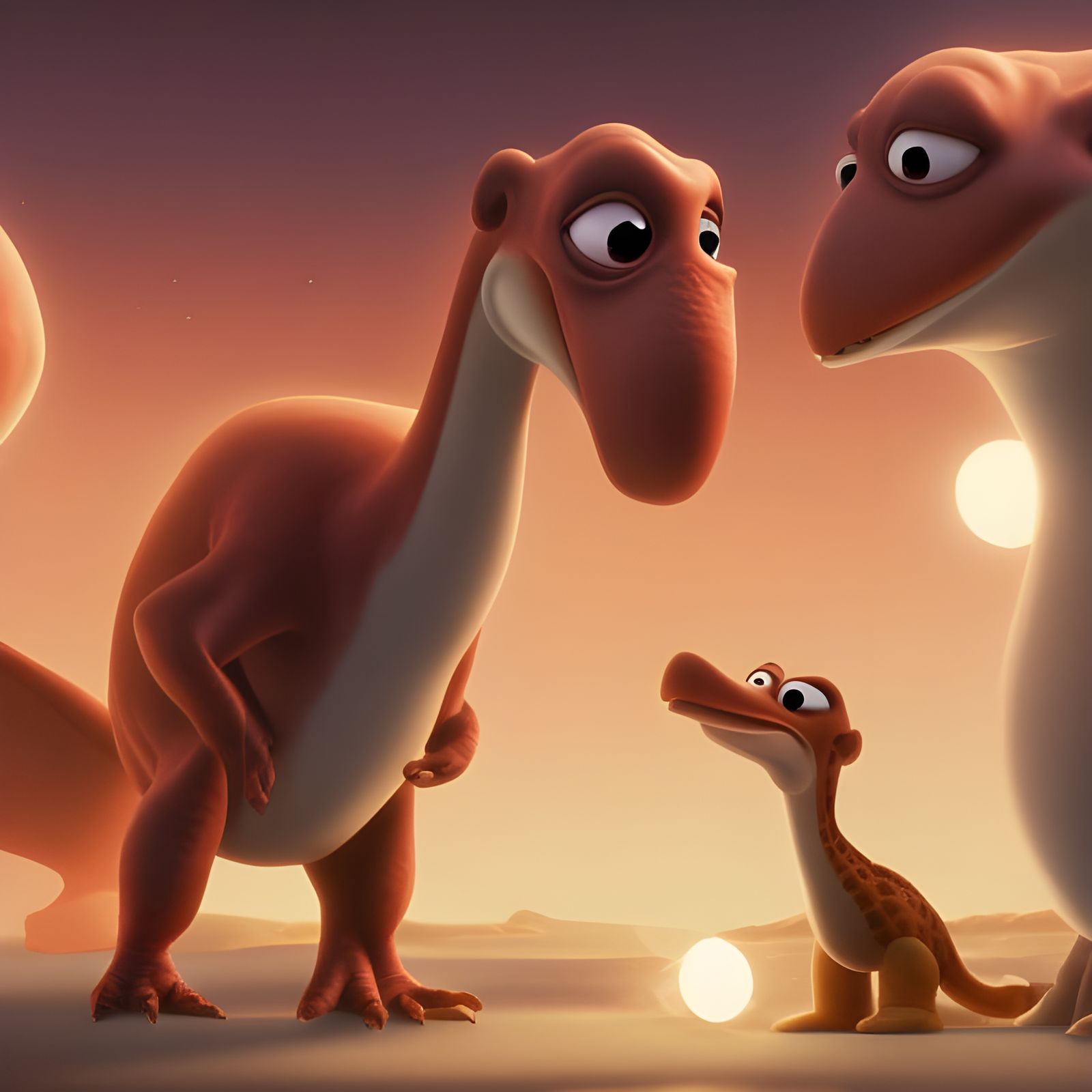 Sad Dinosaur Family Gaze at Comet: Pixar Style