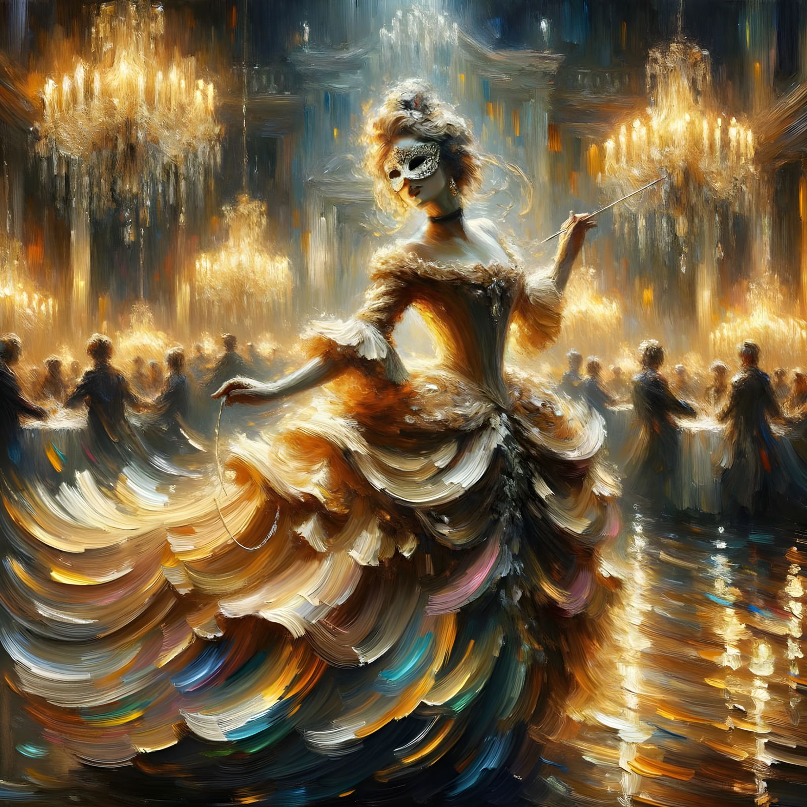 Ethereal Dancer in Grand Ballroom, Liquid Gold Gown, Chiaros...