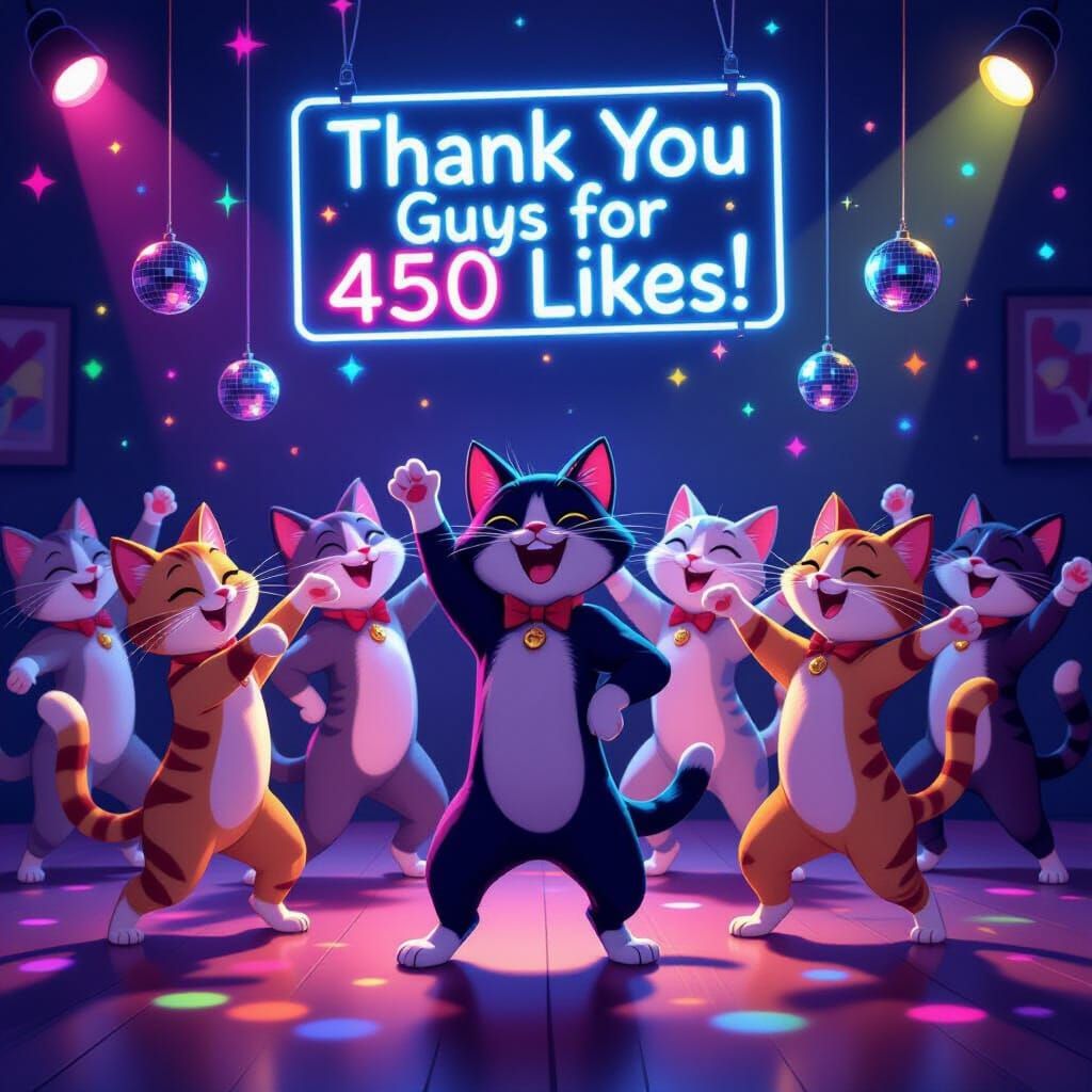 Anthropomorphic Cats Dancing in Neon Light