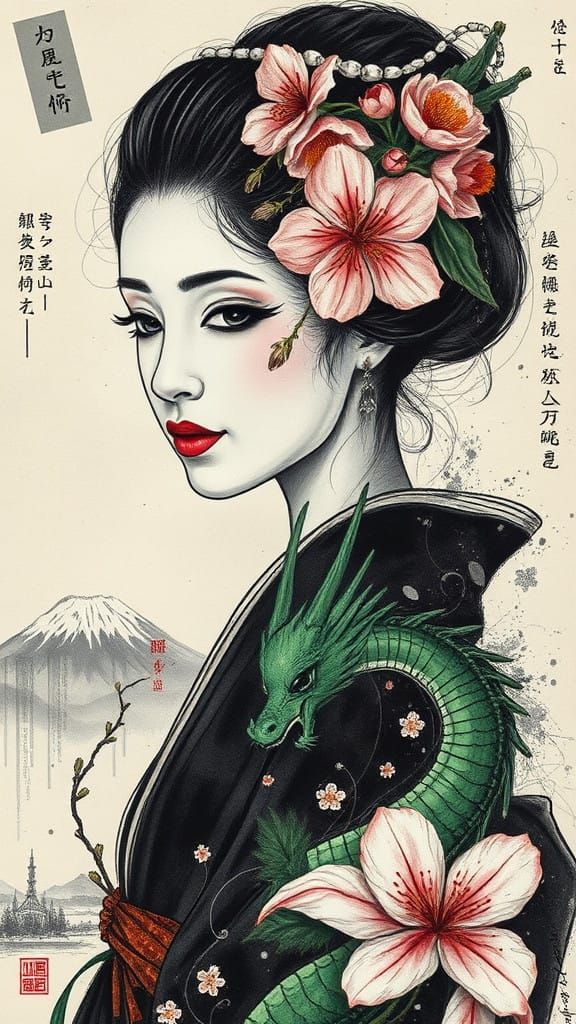Ethereal Geisha and Majestic Green Dragon Collage