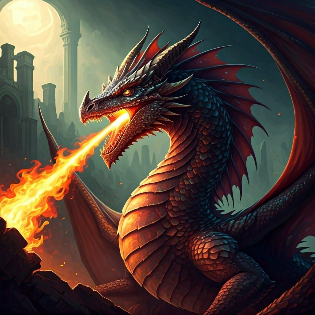 Iridescent Dragon Breathing Fire in Mystical Realm