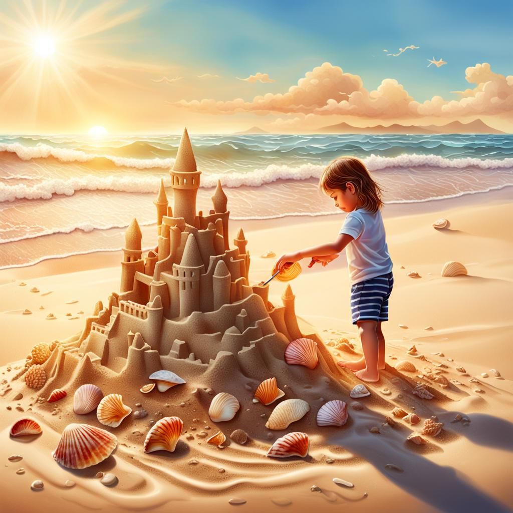 Child Builds Sandcastle: Hyper-Realistic Digital Art