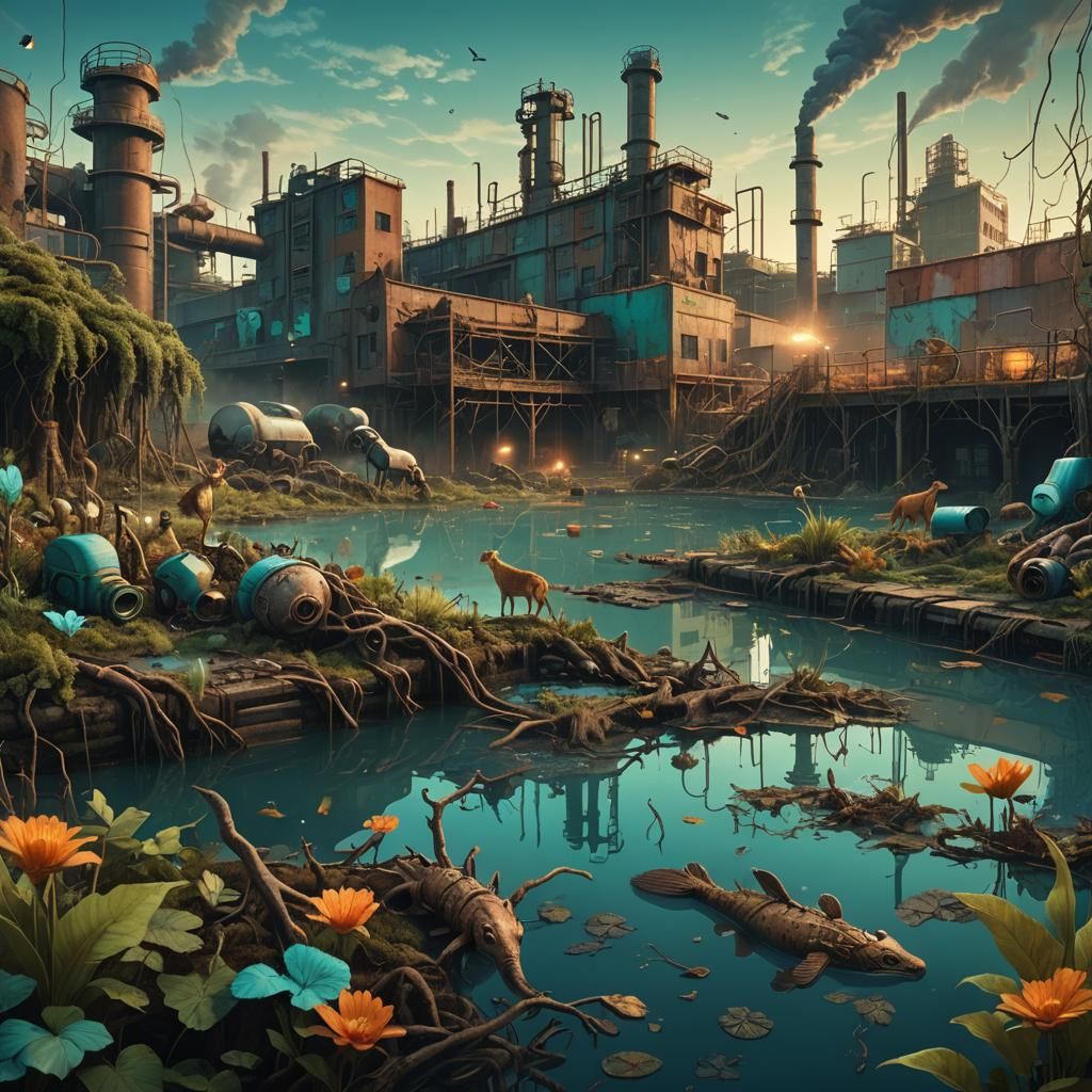 Animals Drinking from Polluted Pond: Fantasy Concept Art